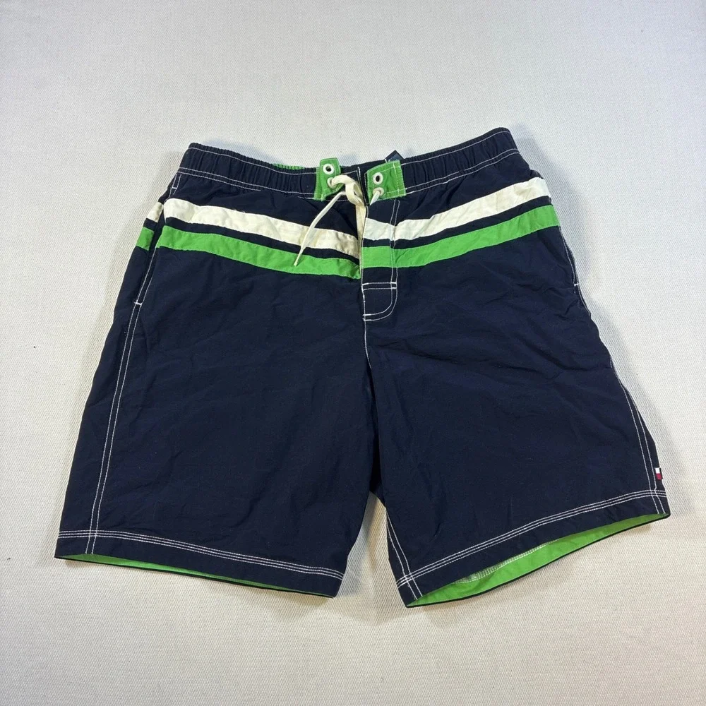 Tommy Hilfiger‎ Mens Large Navy Blue Board Shorts Swim Trunks Striped Mesh Liner